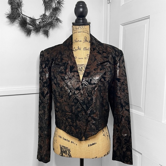 Vintage Jackets & Blazers - Vintage Pia Rucci Leather and Suede Black and Copper Jacquard Cropped Jacket